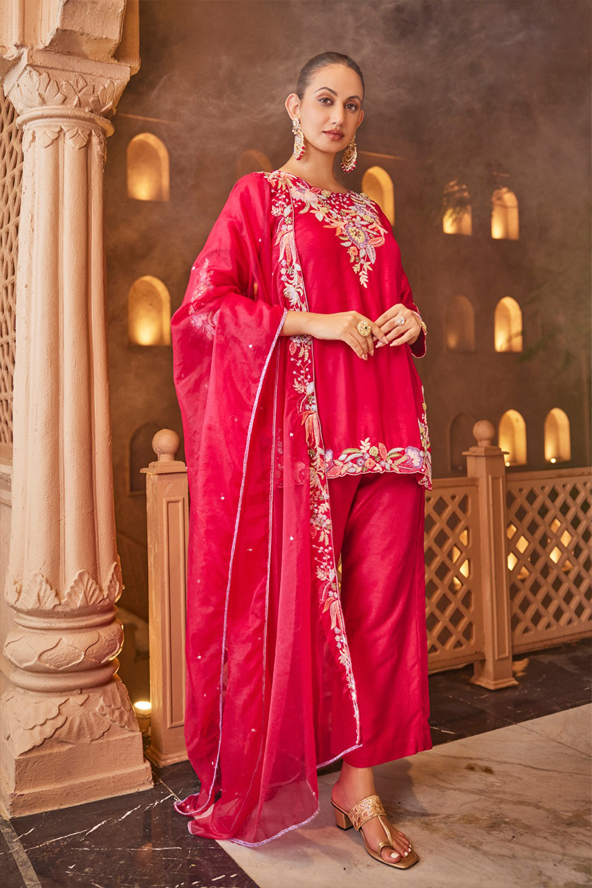 Ruby Red Embroidered Asymmetric Kurta Set with Dupatta
